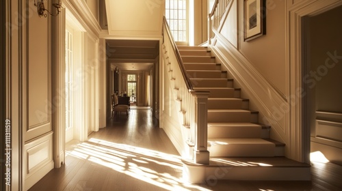 Sunlit hallway  elegant staircase  wood floors.