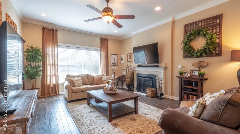 Fototapeta premium Rustic living room, fireplace, cozy furniture, large windows.