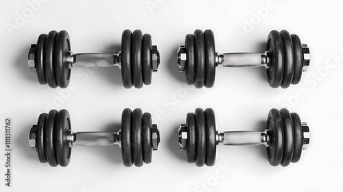 A high-definition image of a set of dumbbells with visible weights and clean finish, isolated on white