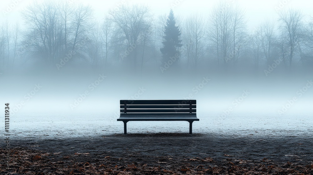 Misty Morning Serenity: A Solitary Park Bench Surrounded by Fog and Delicate Frost, Evoking a Sense of Peace and Reflection in Nature's Embrace Misty Morning Serenity: A Solitary Park Bench Surrounded by Fog and Delicate Frost, Evoking a Sense of Peace and Reflection in Nature's Embrace