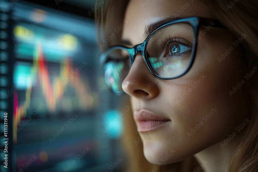 Focused businesswoman with eyeglasses analyzing financial charts on computer screen, working late in the office to strategize market trends and investments