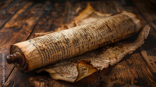Ancient Hebrew Scroll Resting on Aged Wooden Surface