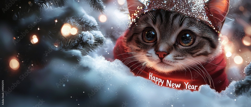 Happy New Year Celebration with a Lifelike Cat Under Fairy Lights in a Cozy Winter Setting Embracing the Spirit of the Season Happy New Year Celebration with a Lifelike Cat Under Fairy Lights in a Cozy Winter Setting Embracing the Spirit of the Season