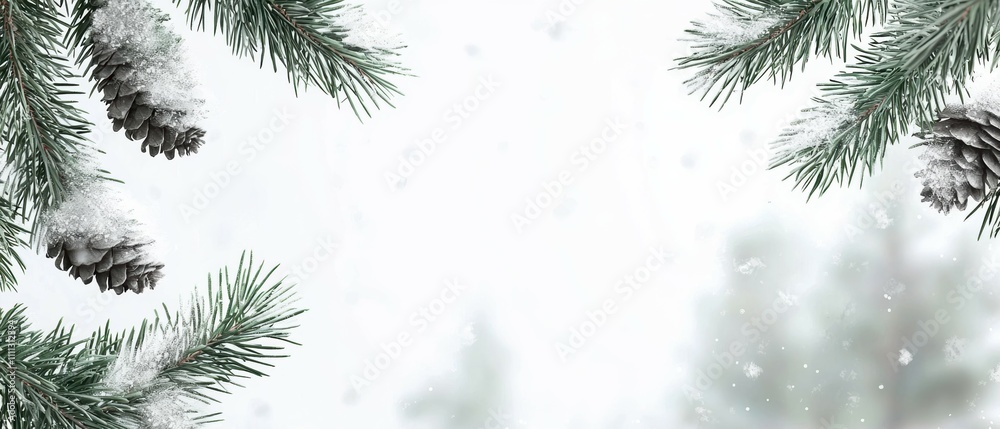 Tranquil snow-covered pine branches in a winter wonderland forest close-up