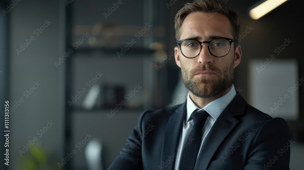 A serious looking businessman in a dark suit and tie, wearing glasses, stands in an office setting. His expression is determined and focused, conveying professionalism and confidence. A serious looking businessman in a dark suit and tie, wearing glasses, stands in an office setting. His expression is determined and focused, conveying professionalism and confidence.