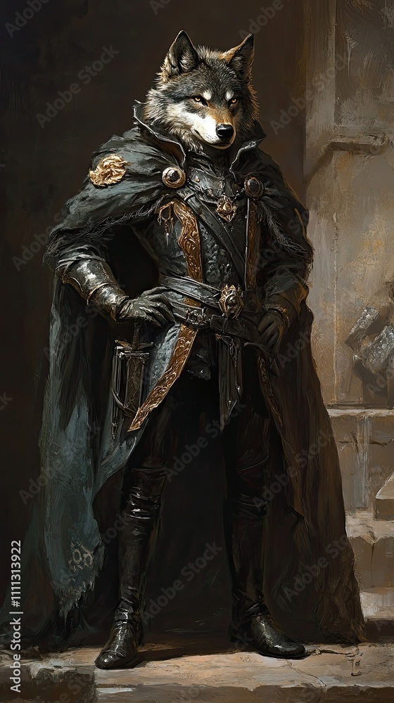 A Wolf Lord in Regal Dark Attire Stands Proudly A Wolf Lord in Regal Dark Attire Stands Proudly