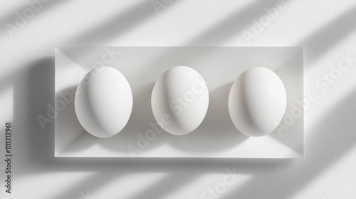 Flat-lay view of egg on pure white background, lighting highlights shell texture, perfect for product advertisements with minimal design photo