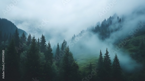 Misty mountain valley with evergreen trees.