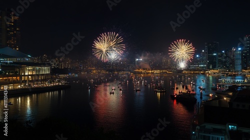 City lights and fireworks creating a stunning New Year skyline view