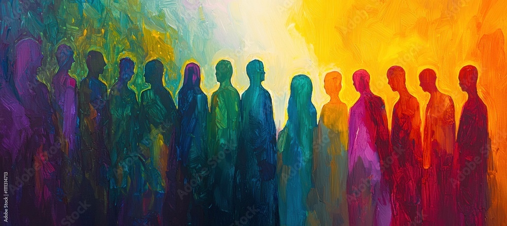 Obraz premium Colorful abstract painting of silhouettes of people standing together, embodying diversity and unity in various shades of purple, blue, and orange light.