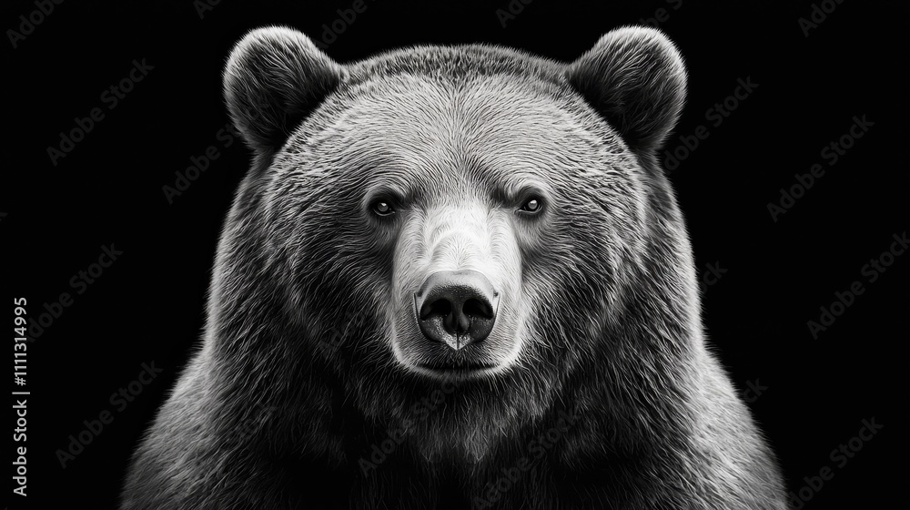 Black-and-white image of a Kamchatka brown bear, close-up front view, rugged fur and fierce gaze, isolated on black, part of dramatic predator series Black-and-white image of a Kamchatka brown bear, close-up front view, rugged fur and fierce gaze, isolated on black, part of dramatic predator series