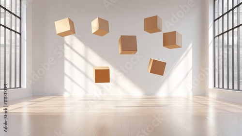 Cardboard boxes scattered in a spacious apartment  natural lighting  empty space suggesting new beginnings  ideal for real estate ads