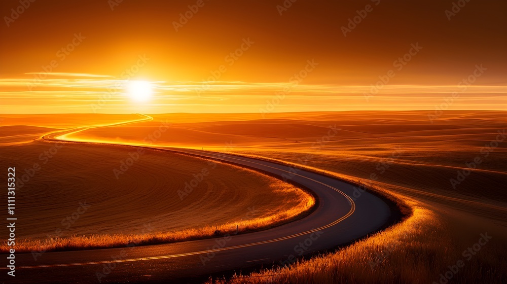 Fototapeta premium A tranquil country road winding through fields of gold, soft sunlight and mist rising from the earth, evoking early morning serenity. Serene road, Morning calm