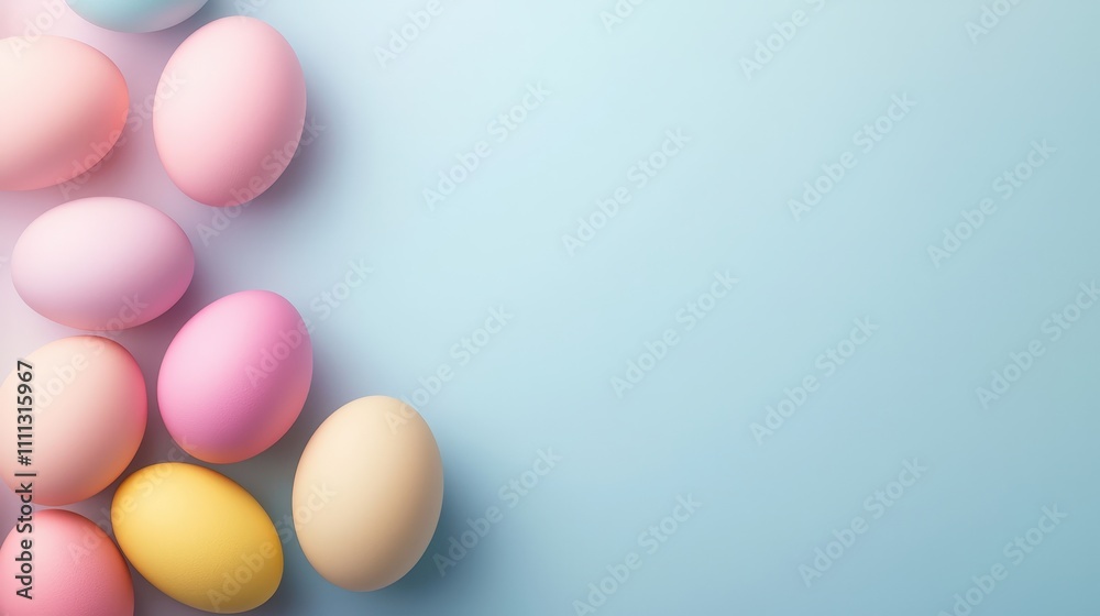 A blue background with a row of colorful eggs A blue background with a row of colorful eggs