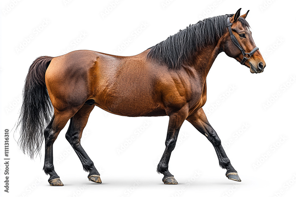 Obraz premium Brown Horse Walking Isolated Against White Background