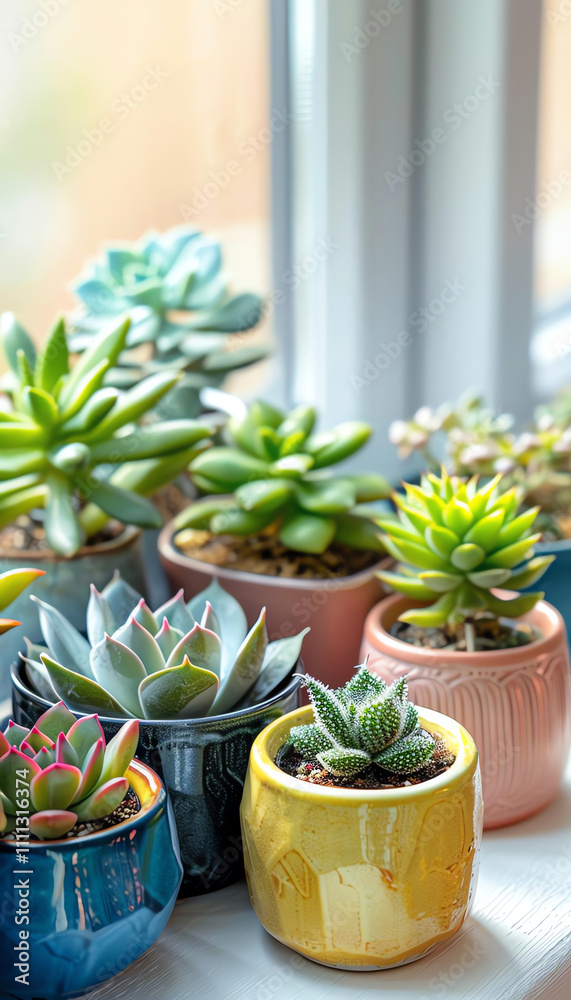 A vibrant collection of beautiful succulent plants displayed in colorful pots near a sunlit window.