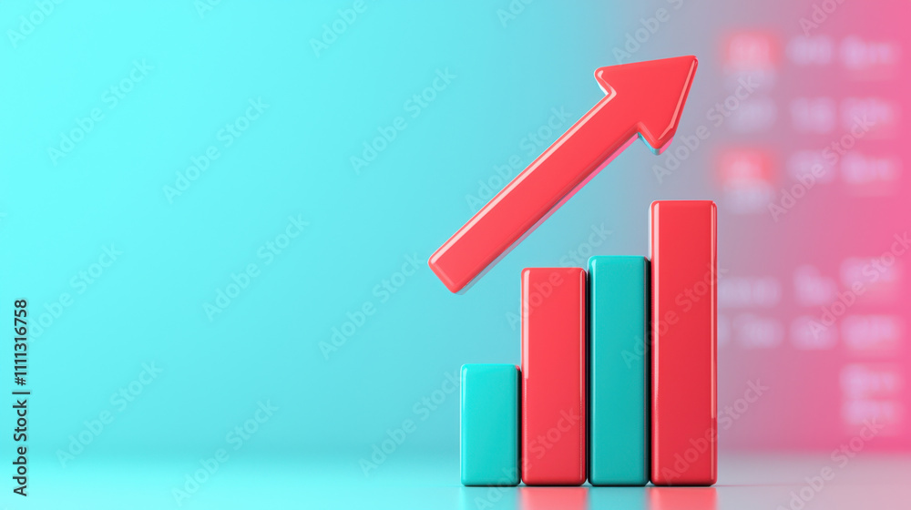 3D bar graph with glowing upward arrow, representing growth and success. sleek design and vibrant colors convey sense of optimism and progress in data visualization 3D bar graph with glowing upward arrow, representing growth and success. sleek design and vibrant colors convey sense of optimism and progress in data visualization