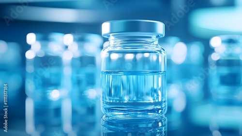 Close-up of glass vials, intricate liquid textures, clean lab background