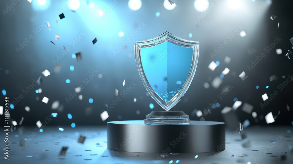 Fototapeta premium shining blue glass trophy shield placed on podium, surrounded by confetti, symbolizes achievement and celebration. vibrant colors and spotlight create festive atmosphere