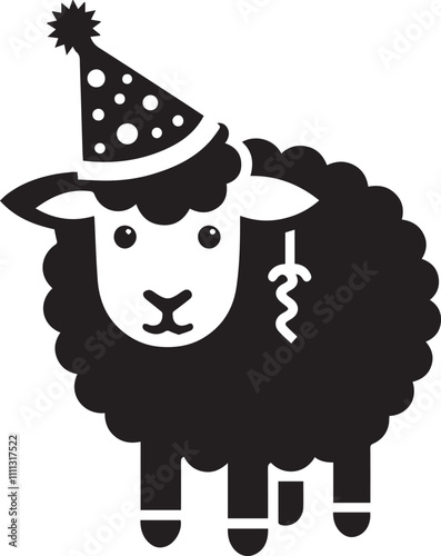 A sheep wearing a tiny party hat looking festive silhouette vector