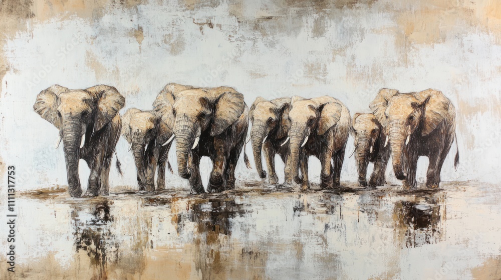 Obraz premium Image A herd of elephants walking across the savanna, majestic and mighty.