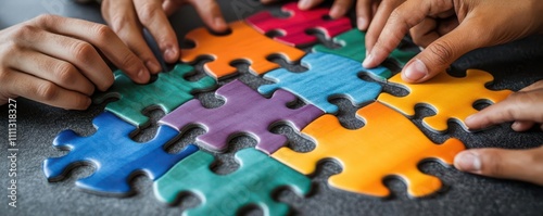 Sports team members forming a puzzle with pieces shaped like team logos, emphasizing unity and shared purpose photo