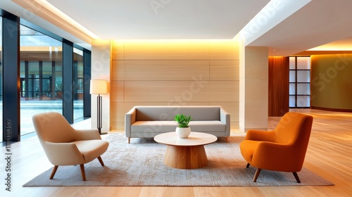 Luxurious Hotel Suite with Cozy Seating Area  Warm Lighting  and Modern Decor