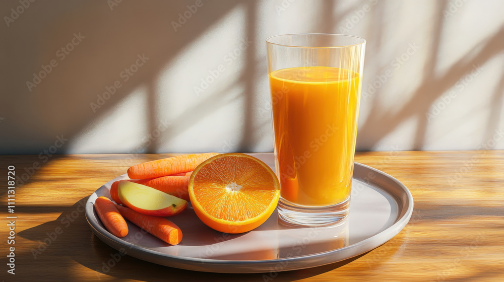 glass of freshly squeezed orange and carrot juice on wooden table, accompanied by fresh carrots and orange. vibrant colors and natural light create refreshing atmosphere glass of freshly squeezed orange and carrot juice on wooden table, accompanied by fresh carrots and orange. vibrant colors and natural light create refreshing atmosphere