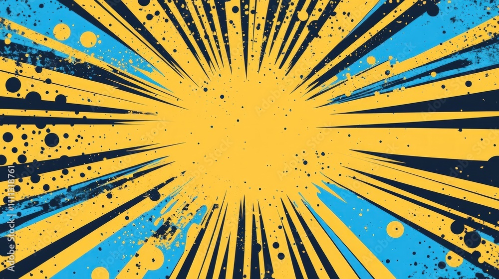Abstract comic book style radial burst background with yellow and blue rays and grunge splatters.