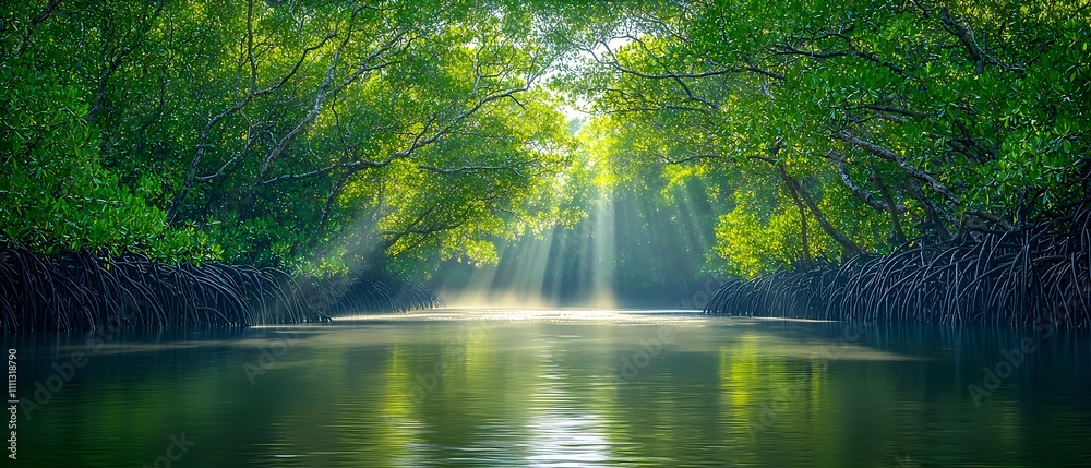 Fototapeta premium A serene view of a lush mangrove forest with sunlight streaming through the dense green canopy, reflecting off the tranquil water surface.