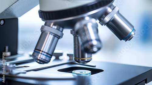 Close-up of microbiologist examining petri dish with salmonella bacteria under microscope, scientific investigation of outbreak, copy space for text or design.