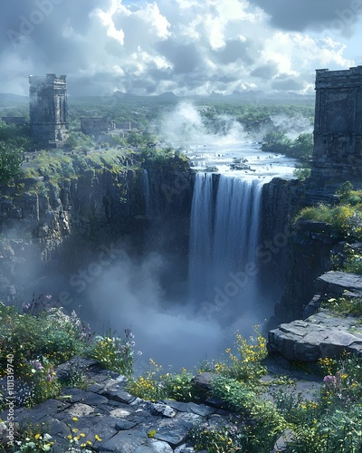 A breathtaking view of a majestic waterfall cascading down rocky cliffs, surrounded by lush greenery and blossoming wildflowers under a dramatic cloudy sky.