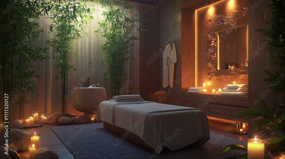 A serene luxury spa retreat with calming lighting, plush towels, scented candles, bamboo plants, and stone accents, creating a peaceful, indulgent atmosphere. A serene luxury spa retreat with calming lighting, plush towels, scented candles, bamboo plants, and stone accents, creating a peaceful, indulgent atmosphere.