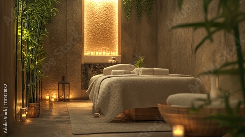 A serene luxury spa retreat with calming lighting  plush towels  scented candles  bamboo plants  and stone accents  creating a peaceful  indulgent atmosphere.