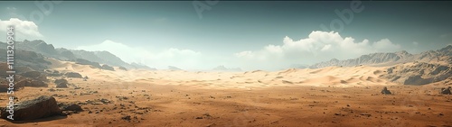 Vast desert landscape showcasing a golden sandy terrain under a clear blue sky, with dramatic mountain ranges in the background, evoking a sense of isolation and adventure.