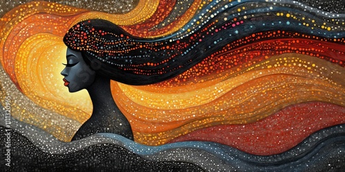 Abstract portrait, woman, flowing hair, colorful, textured.