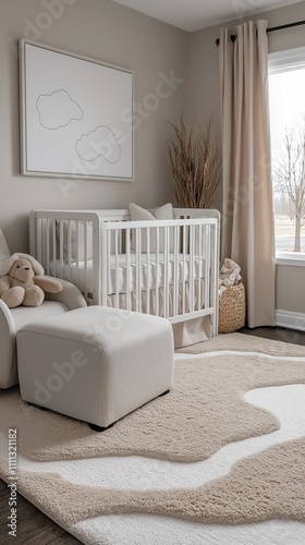 A white crib with a teddy bear on top of it