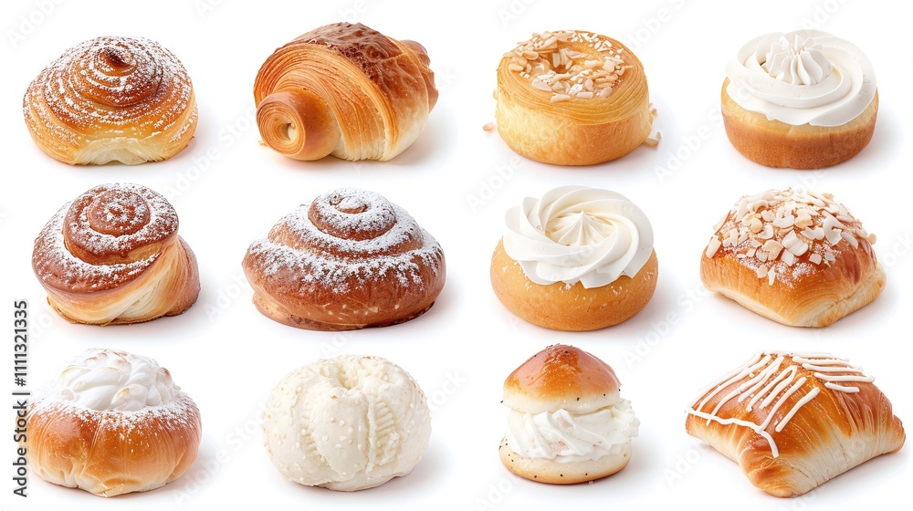 Assorted sweet rolls and pastries, cinnamon rolls, cream-filled buns, and powdered sugar toppings, close-up bakery collection, isolated on white, perfect for desserts and breakfast
Assorted sweet rolls and pastries, cinnamon rolls, cream-filled buns, and powdered sugar toppings, close-up bakery collection, isolated on white, perfect for desserts and breakfast