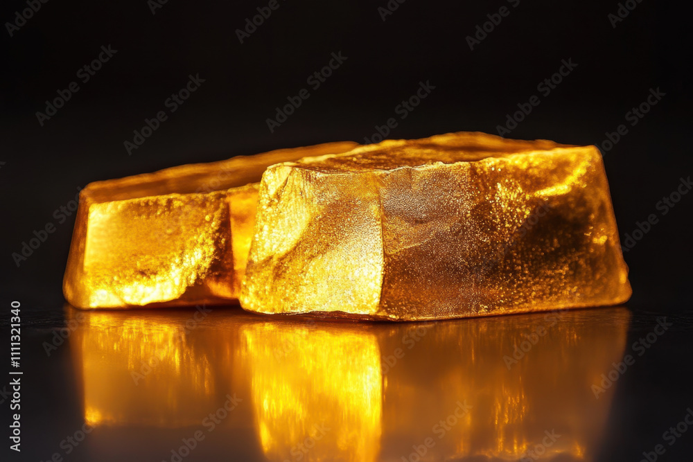 Golden bars reflecting light on dark surface, symbolizing wealth and value. shiny texture and rich color evoke sense of luxury and prosperity Golden bars reflecting light on dark surface, symbolizing wealth and value. shiny texture and rich color evoke sense of luxury and prosperity