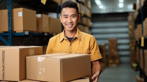 Nice man holding cardboard box, concept of delivery