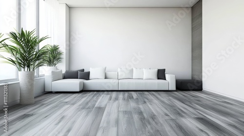 High-angle perspective of a freshly updated basement space with a modern design, featuring a spacious white sectional and sleek gray-toned wood-look flooring