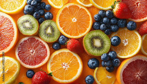 Fresh and vibrant assortment of sliced fruits including oranges, strawberries, blueberries, kiwis, and grapefruits, creating colorful and appetizing display