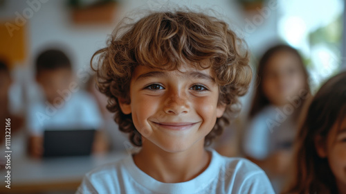 Smiling boy with curly hair in classroom setting, surrounded by classmates. atmosphere is cheerful and engaging, reflecting positive learning environment