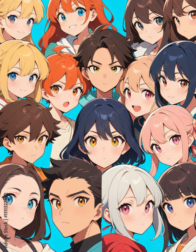 A vibrant collage of anime characters each with unique hair colors, eye expressions, and styles, representing diverse personalities and emotions in a dynamic mixture. A vibrant collage of anime characters each with unique hair colors, eye expressions, and styles, representing diverse personalities and emotions in a dynamic mixture.