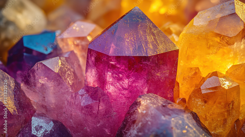 Obraz premium Close up of vibrant natural crystals showcasing purple and orange hues, reflecting light beautifully. These stunning formations create mesmerizing display of color and texture