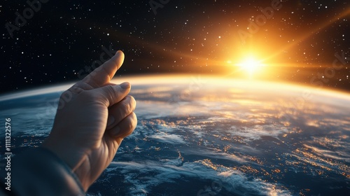 A hand pointing to the sun in the sky