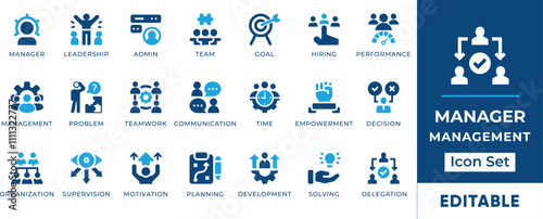 Manager Icon Set. Features editable icons for management symbols, leadership, teamwork, decision-making, problem-solving, and more. Perfect for business, HR, and leadership development designs.