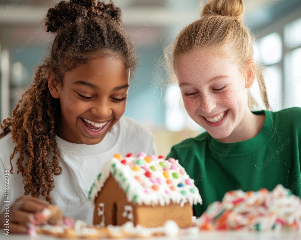 Creating a festive gingerbread house with friends at home family activity cheerful environment indoor fun