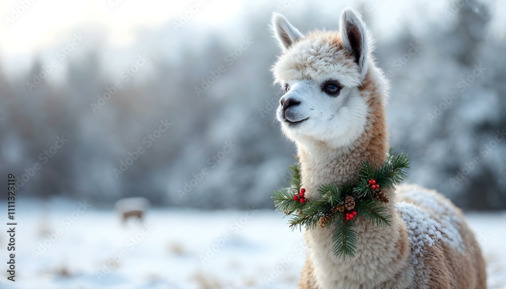 Obraz premium Fluffy cute alpaca llama mammal animal decorated for Christmas with pine tree garland head crown neck with red berries in the winter
