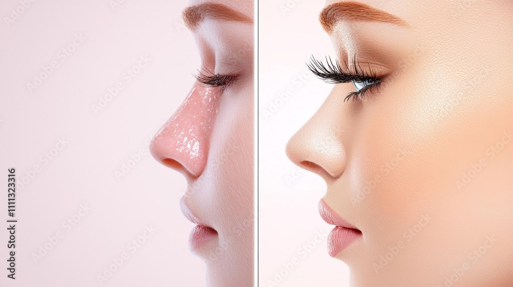 Obraz premium Portrait of a woman with one side showcasing raw, natural skin and the other side showcasing an idealized, filtered version